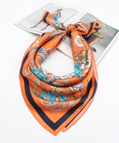 ANDANTINO 100% Mulberry Silk Scarf -Women 35" Square Hair Wraps-Gift Packed - color: Floral-orange