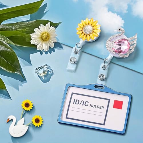 Crystal Badge Reel Retractable ID Holder with Swan Sunflower Design 2 Pack - color: Swan & Sunflower