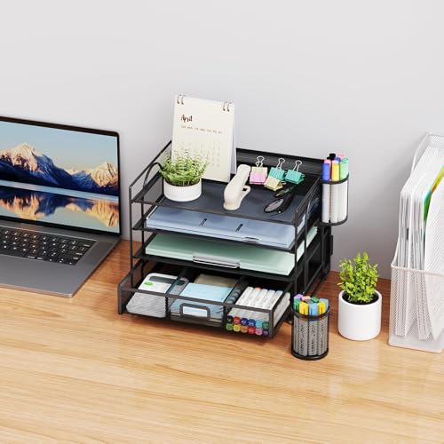 Marbrasse Desk Organizer, 4-Tier Paper File Letter Tray, Black - color: Black With Pen Holder