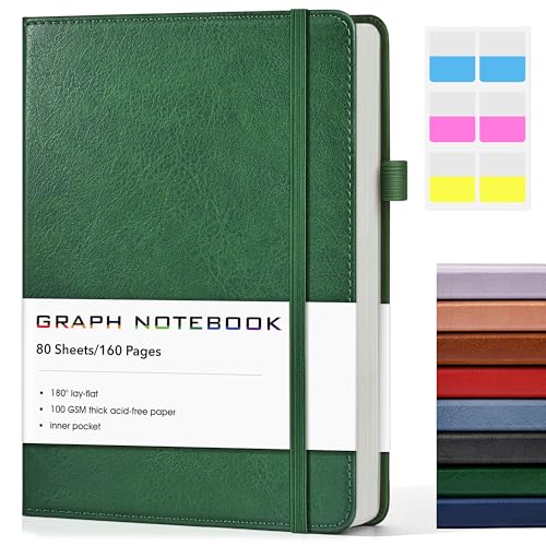A5 Leather Hardcover Graph Paper Notebook, 160 Pages (5 Squares/Inch), 180° Lay-Flat Binding, 100 GSM Thick Paper, for Math, Engineering, Students & Technical Work (Green) - color: Green, size: Grid