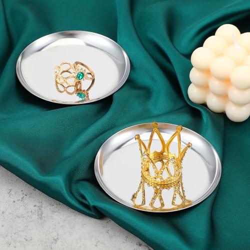 2 Pcs Silver Tray, 4 Inch Stainless Steel Round Serving Tray Circle Jewelry Trays Decorative Coffee Table Trays Display Serving Platter Candle Plate for Bathroom, Candle, Perfume, Countertop - color: Silver