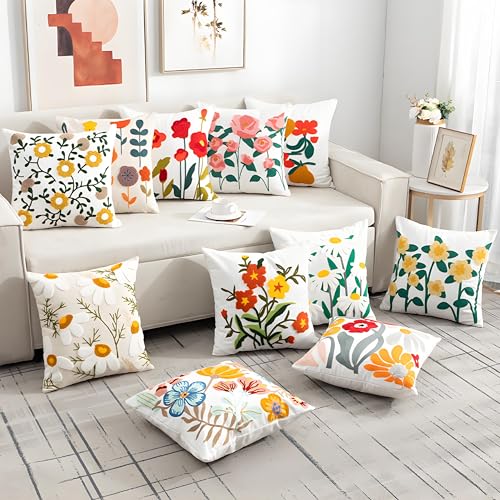 TAOSON Blue Green Floral Embroidered Throw Pillow Covers,20" x20“,Set of 2