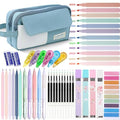 42 Pcs Big Capacity Pencil Pouch with Aesthetic School Supplies, 12 Pastel Highlighters, 5 Black Ink Gel Pens, 6 Mechanical Pencils Set 0.5 & 0.7mm, Sticky Notes, Stationary Set for Student(Blue) - color: Blue