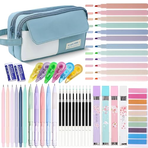 42 Pcs Big Capacity Pencil Pouch with Aesthetic School Supplies, 12 Pastel Highlighters, 5 Black Ink Gel Pens, 6 Mechanical Pencils Set 0.5 & 0.7mm, Sticky Notes, Stationary Set for Student(Blue) - color: Blue