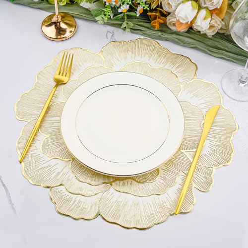 Floral Round Placemats Set of 6 Gold Vinyl Table Mats 15 Inch Reusable - color: Floral Gold