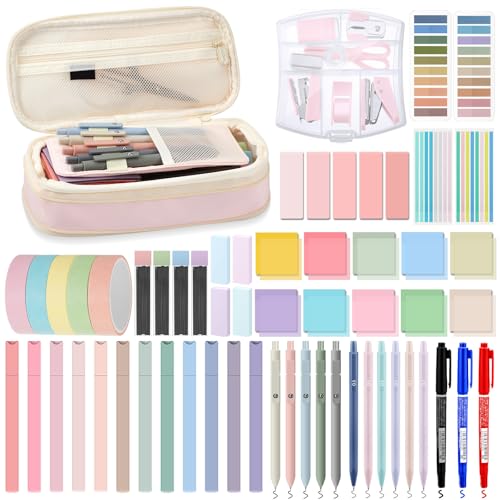 Sinload 60 Pcs Aesthetic Book Annotation Kit School Supplies Cute Pencil Case Mini Stapler Set 12 Highlighter 5 Gel Pen 6 Pencil 5 Magnetic Bookmark 1220 Sticky Note Student Stationary(Pink) - color: Pink