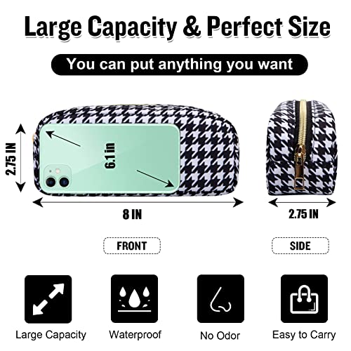 Nylon Slim Makeup Bag, Cute Makeup Brush Case, Preppy Cosmetic Zipper Pouch for Purse, Travel Toiletry Bag Clutch Coin Pouch Make Up Organizer for Women Girls (Black Houndstooth) - color: Black Houndstooth, size: Slim