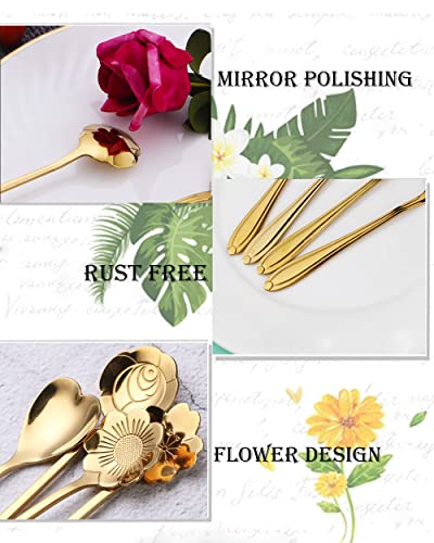9 Pcs Flower Spoon Coffee Teaspoon, ESRISE Stainless Steel Tea Spoon(Gold) - color: Gold