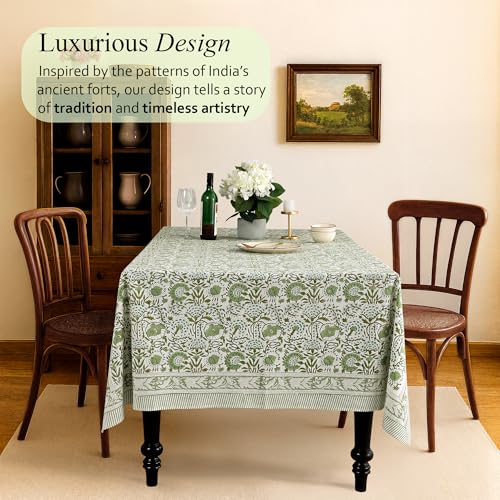 CPC Agate Green Block Print 100% Cotton Rectangle Tablecloth 60x90 Inch - color: Agate Green, size: 90" x 60" (Rectangular)