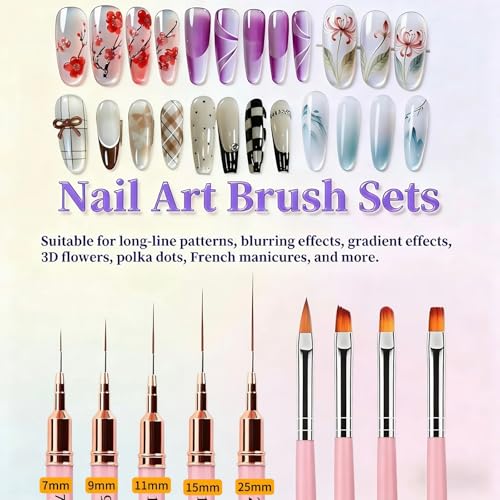 9Pcs Nail Art Brushes Set, 5 Pink Art Liners & 4 Multi-Shape Gel Brushes