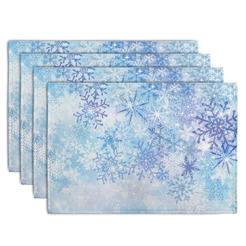 Blue Snowflake Winter Placemats Set of 4 Xmas Snow Place Mat Merry Christmas Linen Fabric Table Mats Washable Heat Resistant Placemat for Farmhouse Kitchen Dining Party Decoration - color: Blue Snowflake