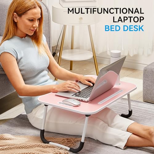 BUYIFY Folding Lap Desk, 23 Inch Portable Wood Blue Laptop Bed Desk Lap Desk with Cup Holder, for Working Reading Writing, Eating, Watching Movies for Bed Sofa Couch Floor-Pink 02 - color: Pink