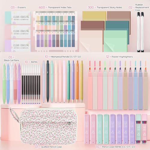 WOBAGMEN 62PCS Aesthetic School Supplies with Quilted Pencil Case, Pastel Highlighters, Gel Pens Mechanical Pencils Set, Cute Back to School Supplies, College Essentials(Pink Floral, M) - color: Pink Floral