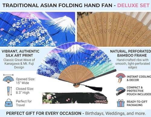 Folding Hand Fan for Women - Foldable Chinese Japanese Vintage Bamboo Silk Fan - with Tassel and Pouch, Perfect for Decoration, Dance, Wedding,Music Festival，Party and Gifting (Night) - color: Night