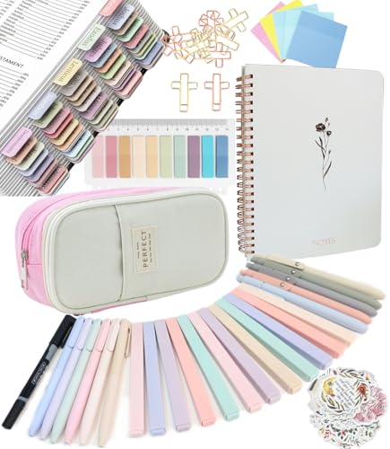 Bible Study Supplies Journaling Kit With Tabs, Highlighter, Notebook and Pen Case - Annotation Kit, Study Group Essentials Accessories Set for Women, Students, Beginner Christian Gifts