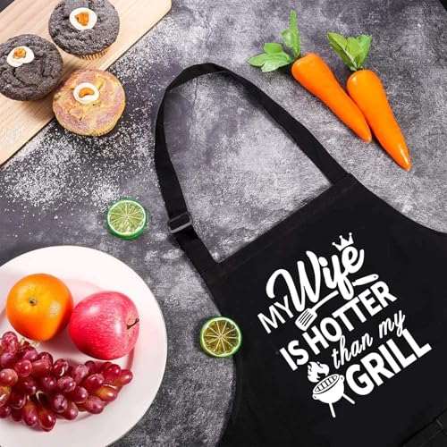 Rosoz Funny BBQ Black Chef Aprons for Men Adjustable Kitchen Cooking Aprons - color: My Wife is Hotter Than My Grill