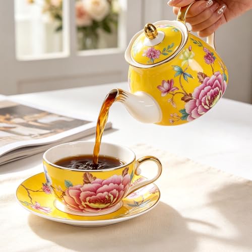 KAMMAK Tea for One Set, Ceramic Teapot, Bone China Tea Set, Cup and Saucer - color: Yellow-GH10