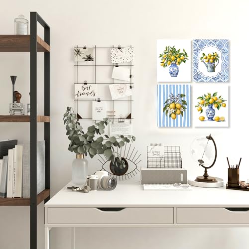 LUKIPOM Chinoiserie Lemon Wall Art Posters Set of 4, Grandmillennial Home Decor, Blue and White Floral Porcelain Lemon Tree Canvas Prints Artwork for Kitchen Wall Decor, 10x8 Unframed - color: Color 003