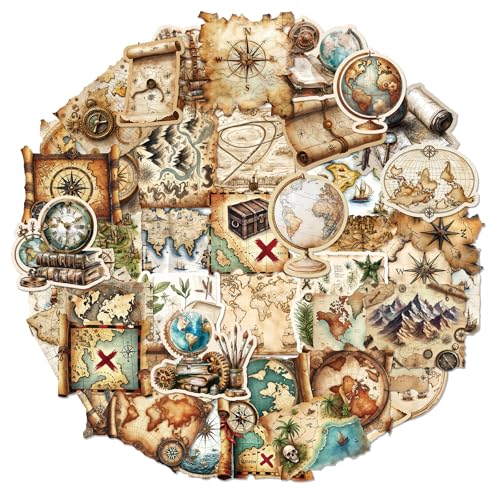 PRSTINCOL 100Pcs Vintage Sticker Pack,Cute Map Design Scrapbook Supplies, Vintage Aesthetic Junk Journal Accessories, Waterproof Vinyl Stickers for Water Bottles, Planners, Journals - style: Vintage_map