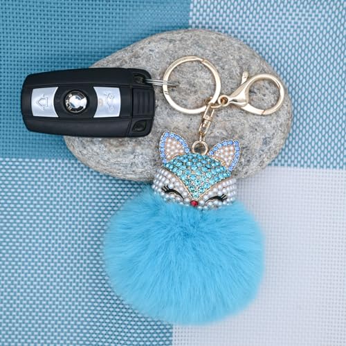Faux Rabbit Fur Pom Pom Keychain with Fox Head - color: Bright Blue