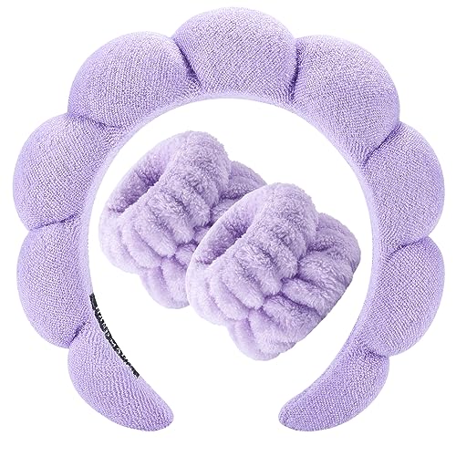 Zkptops Spa Headband for Washing Face Wristband Set Sponge Makeup Skincare Headband Terry Cloth Bubble Soft Get Ready Hairband Women Girl Puffy Padded Headwear Non Slip Thick Hair Accessory(Purple) - color: Y Purple