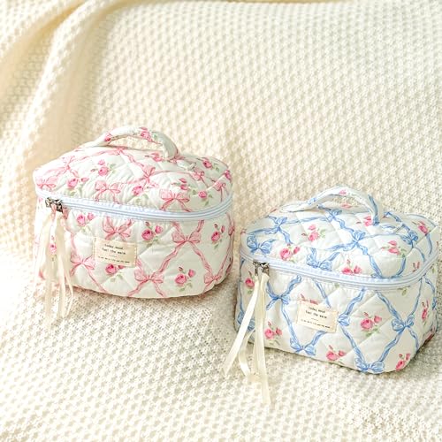 Sminra Large Travel Makeup Bag for Women, Quilted Cosmetic Case with Handle - color: Blue Bow Flowers-L