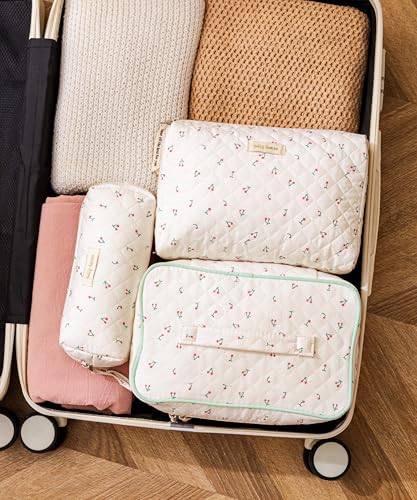 HBselect Quilted Makeup Bag, 3Pcs Cotton Large Travel Makeup Bags Organizer - color: A-3PCS-Cherry