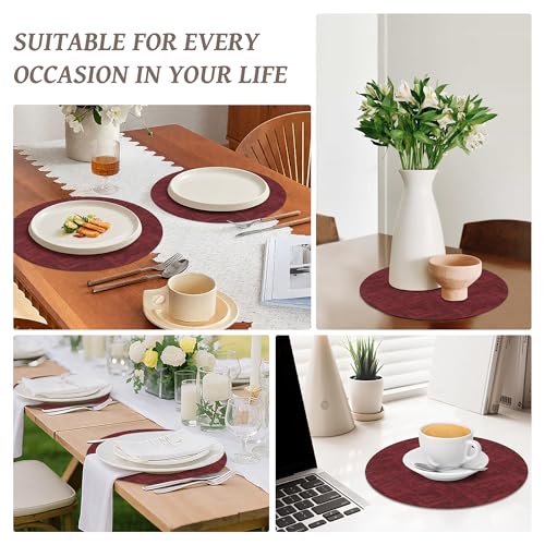13" Round Placemats Set of 6, Reversible Faux Leather Wipeable Table Mats - color: Burgundy