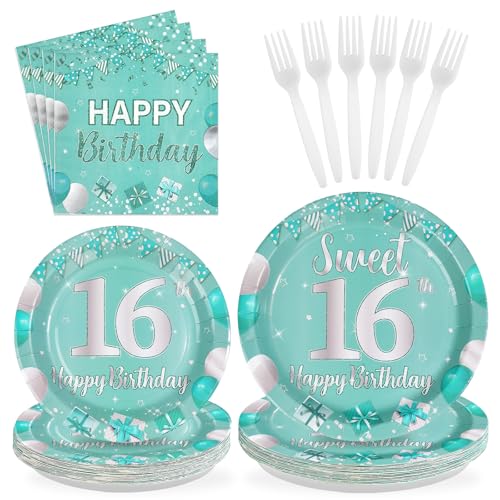 96Pcs Teal Sweet 16th Birthday Party Decorations, Serves 24 - style: Peacock Blue 16th Birthday