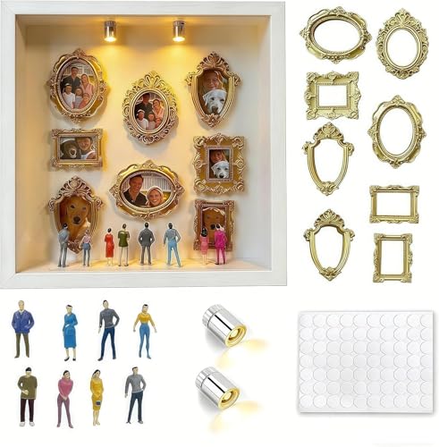 DIY Mini Gold Frames Silhouette Box, Upgrade Shadow Box , 10x10 Inch, with 8 Vintage Gold Mini Frames and 8 Handcrafted Figurines, for Anniversary, Wedding, Birthday and Home Decor (White) - color: White