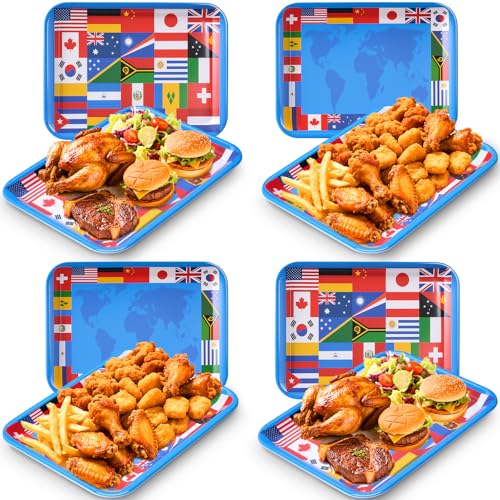 Vesici 4 Pack World Flag Serving Trays 13x10 Melamine Platters for Around the World Party Decorations, Rectangular International Map Dishes for Multicultural Global Theme Appetizers, Missionary Events - style: Flag