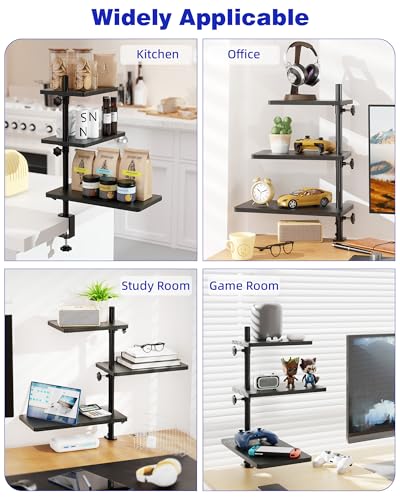 3 Tiers Clamp On Desk Shelf, 360° Angle Adjustable Desktop Shelf Organizer for Home Office Gaming Room, No Drill Desk Extender Adapt to 0.4-2.16 inches Table Thick, Black Brown - color: 3-tier Black
