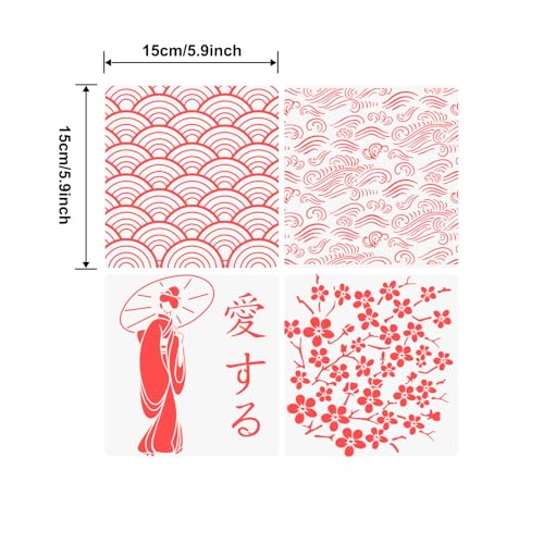 Japanese Hiragana Katakana Alphabet Stencil Set 4pcs - Sakura Stencil Film for Bullet Journaling, Wood Carving, Drawings, Woodburning, Engraving & Scrapbooking (Style B: Women 5.9" )