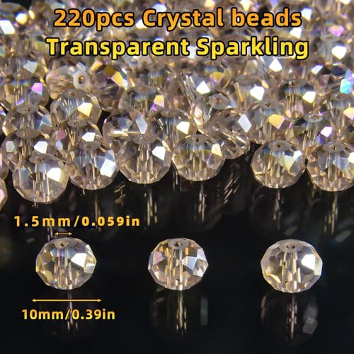 220Pcs 10mm Crystal Glass Beads for Jewelry Making Beads for Bracelets Necklace Pendants Making Supplies(Silver Champagner) - color: Silver champagne, size: 10mm 220pcs