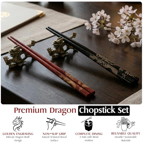 Dragon Chinese Chopsticks – Set of 2 Black & Red Wooden Chopsticks Reusable with Golden Engraved Design, Metal Chopstick Holders – Comfortable Grip Chopsticks for Sushi, Rice, Noodles