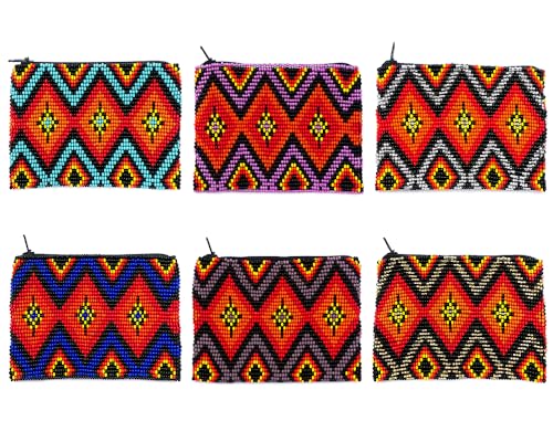 Native American Inspired Diamond Pattern Czech Glass Seed Beaded Coin Purse Zipper Pouch - Womens Fashion Handmade Bags Tribal Travel Accessories (Silver) - color: Silver