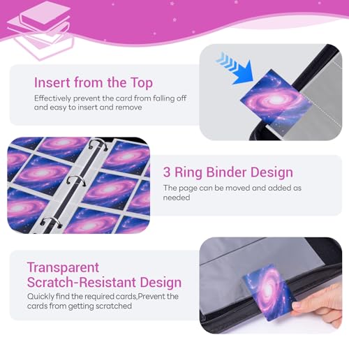 Xixter 9 Pocket Card Binder with Zipper, Pu Trading Card Binder, Holds 900 Cards, Includes 50 Double-Sided Removable Cards Sleeves, Fit for Collection, Mtg, Tcg, and Sports (Pink Purple)