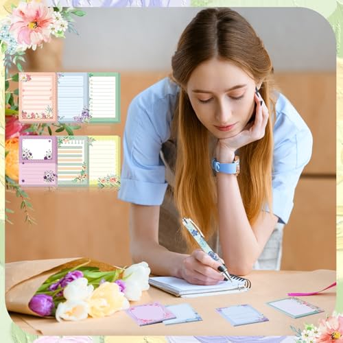 Dispowreath 24 Pcs Floral Sticky Notes with Pens Flowers Christmas Cute Gifts Notepads Memo Notes Pads Self Adhesive Black Ink Ballpoint Pen Office School Bulk Stocking Stuffers for Kids Adults - style: Floral