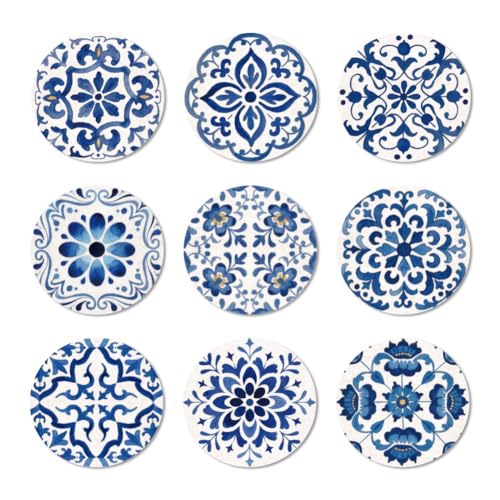 ANATTASOUL Blue Spanish Pattern Wooden Coasters Set of 9 Bulk(3.9") - style: Blue Spanish Pattern