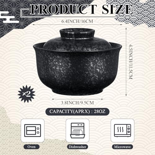 SiliFine Ramen Bowl Set of 2 Ceramic Ramen Bowl with Lid 25oz Microwave Clay Pot Traditional Japanese Tableware Korean Clay Pot for Christmas Soup Salad Meal Rice Home Office(Black,Calssic) - color: Black, style: Calssic