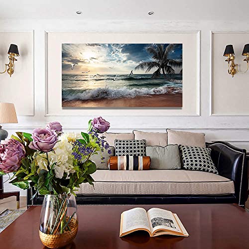 Yxbhhym Beach Wall Art Picture for Living Room Ocean Sunset Canvas Wall Decor Paintings Sea Poster Seascape Print Art Palm Artwork for Wall Art Bedroom Office Decoration Framed- 20x40inches - color: Beach Wall Art, size: 40"L x 20"W