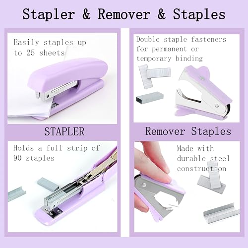 Dimonluce Purple Desk Accessories, Purple Office Supplies Accessories with Tape Dispenser, Stapler, Staple Remover, 1000 Staples, Tape, Clips Set, Ruler, Scissor, Pen - color: Purple
