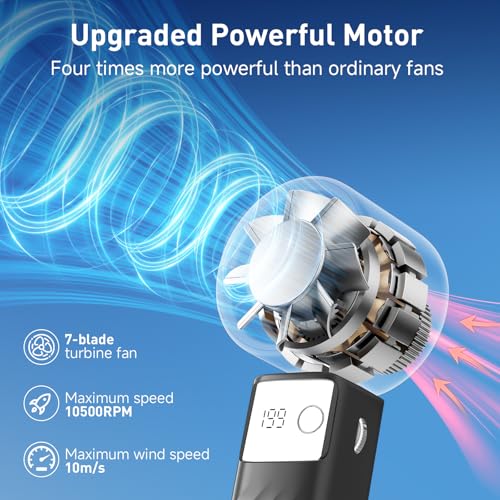 YOSHENMO Portable Handheld Turbo Fan - Foldable Mini Fan with Air Turbo Tech, 1-199 Speed Adjustment, 20H Runtime, LED Display, Battery-Powered for Indoor/Outdoor Use, Dark Black - color: Light Black, size: Small