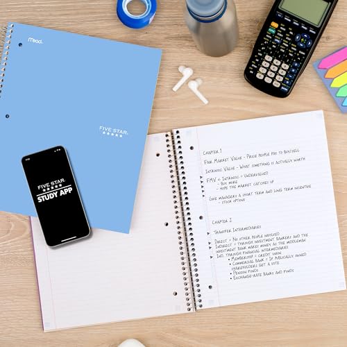 Five Star Spiral Notebook + Study App, 5 Subject, College Ruled Paper, 8-1/2" x 11", 200 Sheets, Fights Ink Bleed, Water Resistant Cover, Pacific Blue (73635) - color: Blue, size: 1 Count (Pack of 1)