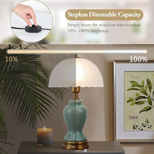 Ceramic Table Lamp Dimmable for Living Room, 16" Modern Vintage Bedside Nightstand Lamps with White Glass Shade,Classic Chinoiserie Retro Bedroom Lamp for Night Stands, Dorm,Office, Home Decor - color: Green vase
