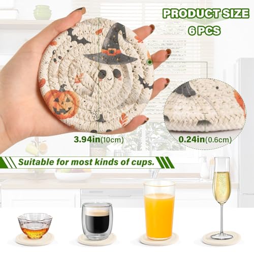 Cute Halloween Drink Coasters Set - 6 Pcs Minimalist Woven Coasters with Holder for Home Decor, 3.94 Inch Absorbent Coasters for Drinks - color: A03