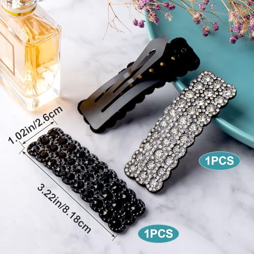 HINZIC 2Pcs Rhinestone Snap Hair Clips Sparkly Crystal Barrettes Silver Black Rectangular Hairpins Korean Wedding Party Accessories for Women