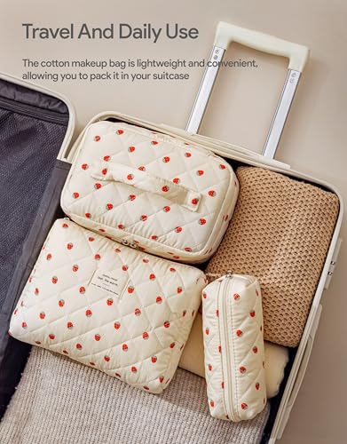 HBselect Quilted Makeup Bag, 3Pcs Cotton Large Travel Makeup Bags Organizer - color: A-3PCS-Floral 15