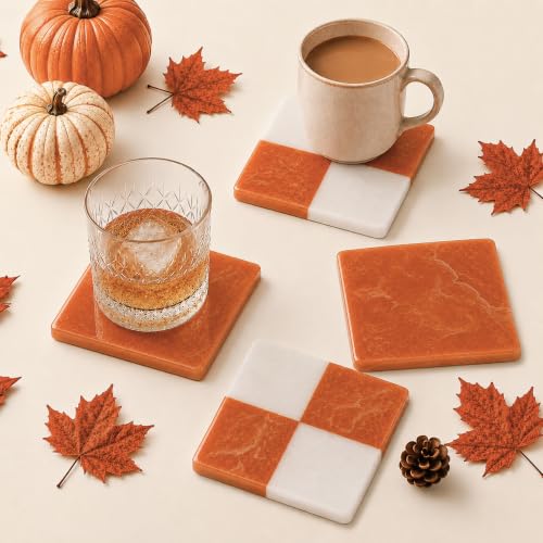 Folkulture Cute Fall Coasters, Set of 4, Non Slip, Easy to Clean - 4 Inch - color: Checkered - Rust