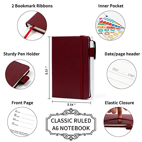 6 Pack Pocket Mini Notebooks Bulk, Feela Small Cute Memo Notepads Hardcover College Ruled Lined Journals with Pen Holder for School Business Work, with 6 Black Pens, 3.5”x 5.5”, A6, Wine - color: A6 6 Wine